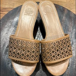 - Tory Burch slide on sandals leather logo upper with cork platform. Size 8 EUC